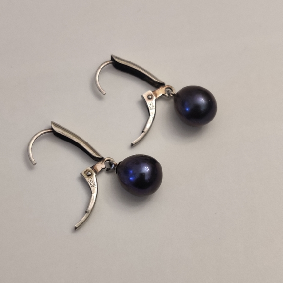 Genuine Black Pearls Dangling Silver 925 Earrings - Picture 7 of 12